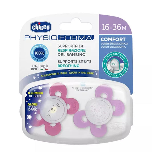 Chicco Chupeta Physio Comfort girl lumi silicone  16-36m - 2 pçs